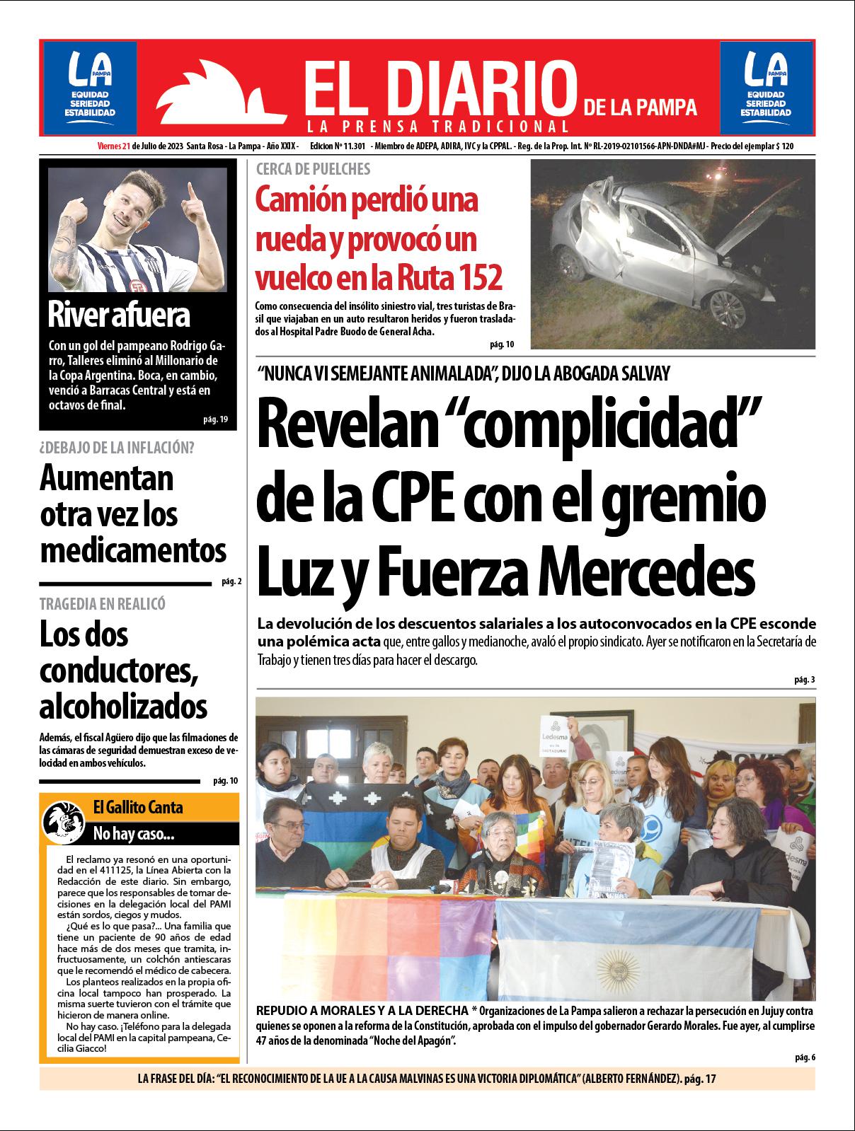 Tapa de El Diario en papel  viernes 21 de julio de 2023